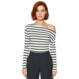 Moda Kayık Yaka Örme Slim Çizgili Desen Casual Günlük Regular Uzun Kol Bluz_Siyah-L