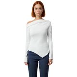 Moda Kayık Yaka Örme Slim Düz Desen Casual Günlük Uzun Uzun Kol Bluz_Ekru-XS