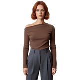Moda Kayık Yaka Örme Slim Düz Desen Casual Günlük Uzun Uzun Kol Bluz_Kahverengi-XS