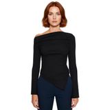 Moda Kayık Yaka Örme Slim Düz Desen Casual Günlük Uzun Uzun Kol Bluz_Siyah-XS