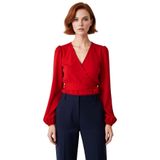 Moda Kruvaze Dokuma Regular Düz Desen Resmi Regular Uzun Kol Bluz_Kırmızı-42