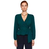 Moda Kruvaze Dokuma Regular Düz Desen Resmi Regular Uzun Kol Bluz_Zümrüt Yeşili-34