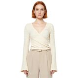Moda Kruvaze Örme Regular Düz Desen Casual Günlük Crop Uzun Kol Bluz_Bej-2XS