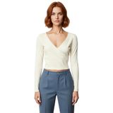 Moda Kruvaze Örme Slim Düz Desen Casual Günlük Crop Uzun Kol Bluz_Ekru-XL