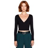 Moda Kruvaze Örme Slim Düz Desen Casual Günlük Crop Uzun Kol Bluz_Siyah-S