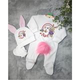 Moda Lime Ekru Tavşan Kulaklı ve Ponponlu Kız Bebek Tulum Seti 3 Lü Organik Pamuk Materyal - 0 - 3 Ay