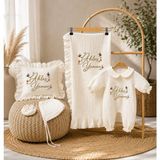 Moda Lime Isme Özel Çiçek ve Kuş Temalı 5'li Hastane Çıkışı Seti - 4 Kat Müslin Yenidoğan Bebek Seti (Tulum, Battaniye, Yastık Kılıfı, Şapka, Eldiven) - Ekru