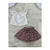 Moda Lina Baby Kız Bebek 2'li Takım Madonna Yaka Beyaz Bluz & Çıtır Çiçek Desenli Etek Set