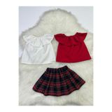 Moda Lina Baby Kız Bebek 3'lü Takım Madonna Yaka Bluz & Kare Desenli Etek
