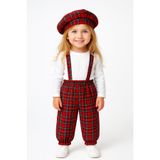 Moda Lina Baby Kız Çocuk Kırmızı Ekose Desenli Askılı Pantolon & Şapka Set