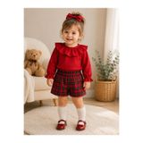 Moda Lina Baby Kız Çocuk Kırmızı Fırfırlı Bluz & Ekose Şort Takım