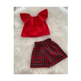 Moda Lina Kız Bebek Kırmızı Bluz & Kırmızı Ekose Desen Şort Takım