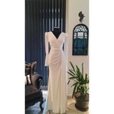 Moda Makko Ekru Beyaz Kruvaze Yakalı Söz Nişan Nikah Elbisesi - 36 - Ekru - Beyaz