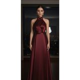 Moda Makko Halter Yaka Drapedetaylı Pileli Etekli Mezuniyet Elbisesi - 38 - Bordo