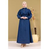 Moda Mihram Fermuarlı Beli Lastikli Kot Elbise Koyu Mavi 19240 - 48