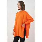 Moda Molası Kadın Balıkçı Yaka Yandan Yırtmaçlı Oversize Triko Turuncu Panço Kazak