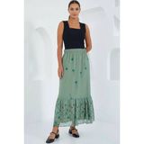 Moda Molası Kadın Çiçek Desenli Şifon Çağla Yeşili Etek - 36