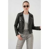 Moda Molası Kadın Dik Yaka Biker Siyah Ceket - 38