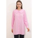 Moda Molası Kadın Geniş Yaka Fırfır Detaylı Çizgili Pembe Tunik Gömlek - 44