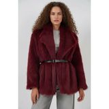 Moda Molası Kadın Geniş Yaka Kuşaklı Kürklü Oversize Bordo Kaban - 40