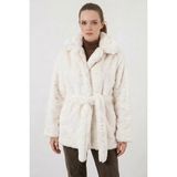 Moda Molası Kadın Geniş Yaka Kuşaklı Peluş Kürk Ekru Mont - 36