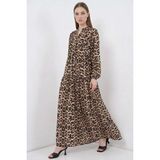 Moda Molası Kadın Hakim Yaka Beli Büzgülü Leopar Desenli Viskon Kahve Tesettür Elbise - 38