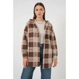 Moda Molası Kadın Kapüşonlu Oversize Kareli Desenli Kahverengi Gömlek - 42