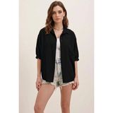Moda Molası Kadın Kısa Kol Basic Oversize Pamuklu Siyah Gömlek - 36