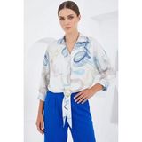 Moda Molası Kadın Kuşaklı Oversize Desenli Saten Mavi Gömlek - 36