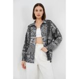 Moda Molası Kadın Oversize Desenli Saten Antrasit Gömlek - 36