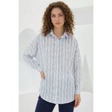Moda Molası Kadın Oversize Desenli Saten Turkuaz Gömlek - 36