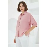 Moda Molası Kadın Oversize Kesim Kısa Kol Keten Pembe Gömlek - 38