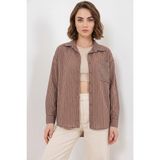 Moda Molası Kadın Oversize Tek Cepli Çizgili Viskon Kahverengi Gömlek - 44