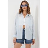 Moda Molası Kadın Oversize Tek Cepli Çizgili Viskon Mavi Gömlek - 40