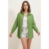 Moda Molası Kadın Tek Cepli Oversize Viskon Çağla Yeşili Gömlek - 38