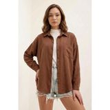 Moda Molası Kadın Tek Cepli Oversize Viskon Kahverengi Gömlek - 42