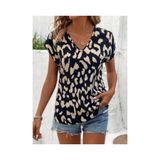 Moda Monisa Kadın Siyah Bej Leopar Desenli V Yaka Kısa Kollu Rahat Kesim Bluz Tişört