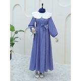 Moda Morfo Bebe Yaka Çizgili Beli Lastikli Uzun Elbise -Laci - Lacivert - 40
