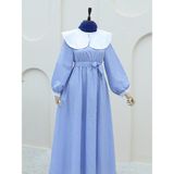 Moda Morfo Bebe Yaka Çizgili Beli Lastikli Uzun Elbise -Mavi - 42
