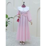 Moda Morfo Bebe Yaka Çizgili Beli Lastikli Uzun Elbise -Pembe - 42