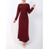 Moda Morfo Belden Büzgülü Örme Krep Likralı Elbise -Bordo - S - M