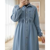 Moda Morfo Beli Lastikli Yan Cepli Kot Elbise -Buz Mavi - 46