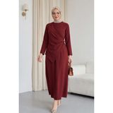 Moda Morfo Çapraz Alerli Tokalı Yuvarlak Yaka Ithal Krep Elbise -Bordo - 38