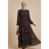 Moda Morfo Çapraz Bağlamalı Eteği Kat Kat Puantiyeli Şifon Elbise -Kahve - 40 - Kahverengi