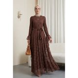 Moda Morfo Çiçek Desenli Güpür Dantelli Kolu Volanlı Kemerli Astarlı Elbise -Kahve - 36 - Kahverengi