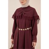 Moda Morfo Dantel Detaylı Pelerinli Kemerli Astarlı Ithal Ibiza Elbise -K. Bordo - S - M - Koyu Bordo