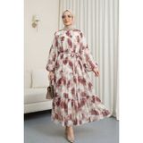 Moda Morfo Desenli Bağcıklı Astarlı Parçalı Şifon Elbise -Mürdüm