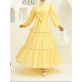 Moda Morfo Eteği Fırfırlı Dantel Şerit Detaylı Elbise -Sarı - 44