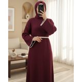 Moda Morfo Etek Ucu ve Kolları Nakışlı Bağcıklı Triko Elbise -Bordo - Standart