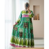 Moda Morfo Etnik Desen Bağcıklı Kolu Lastikli Elbise -Yeşil - 38